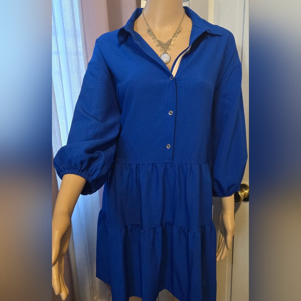 DKNY Textured Tiered Babydoll Dress Riyal Blue